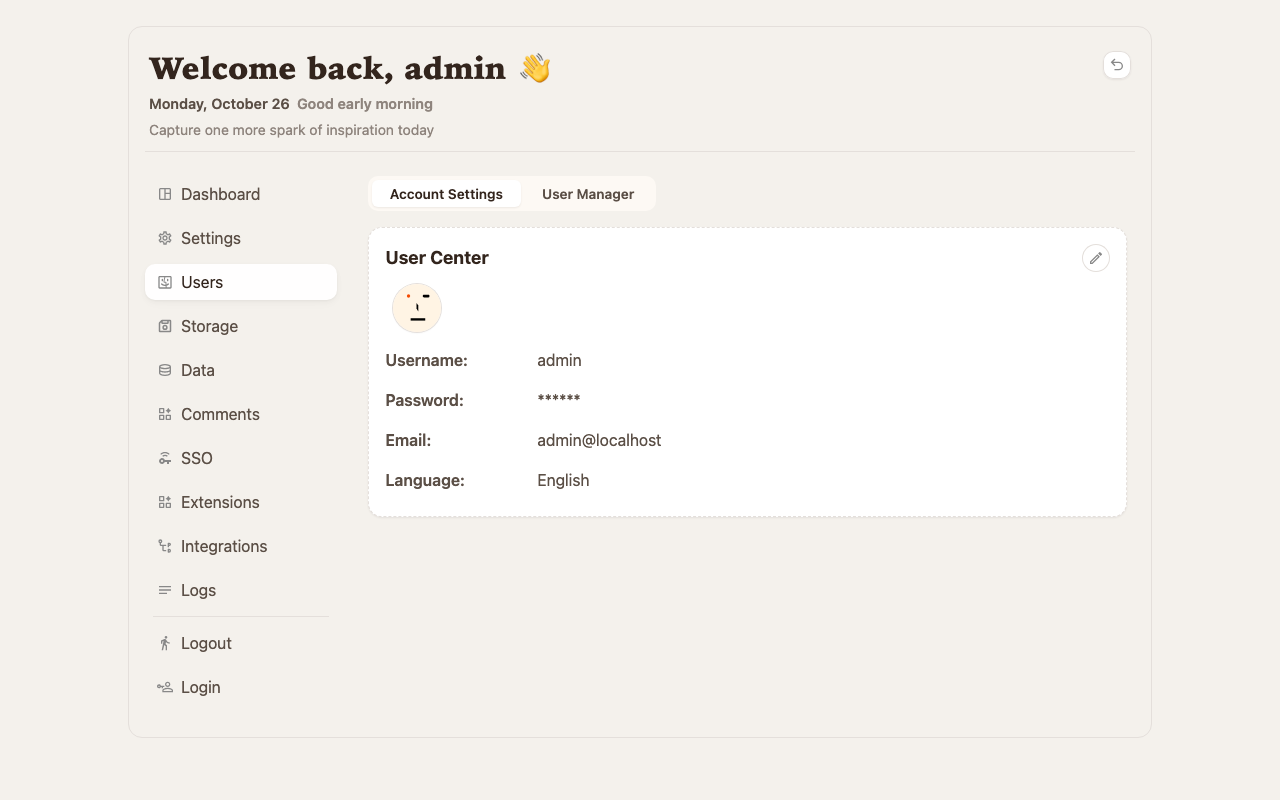 The Ech0 admin panel on Users, Account Settings, showing the admin account