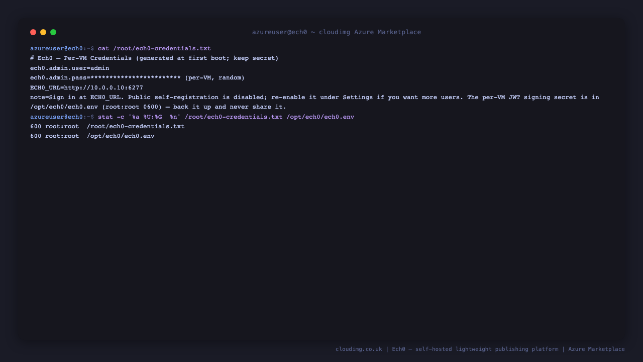 Per-VM Ech0 credentials and file permissions