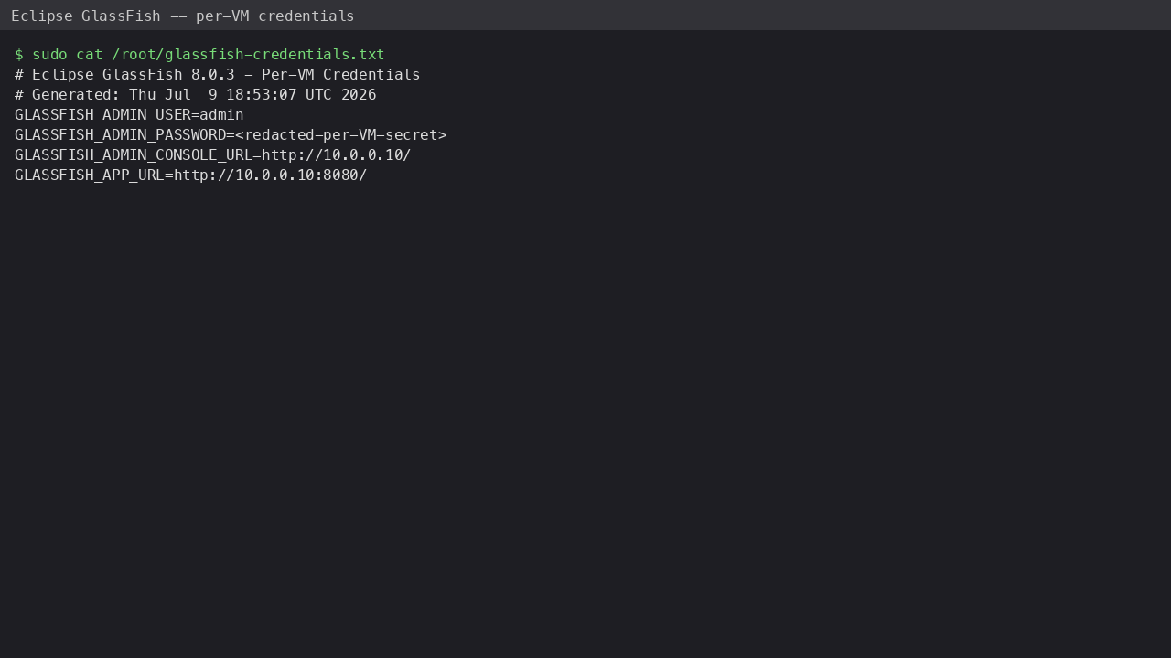 The root only 0600 credentials file with the per VM admin username, password and console/app URLs