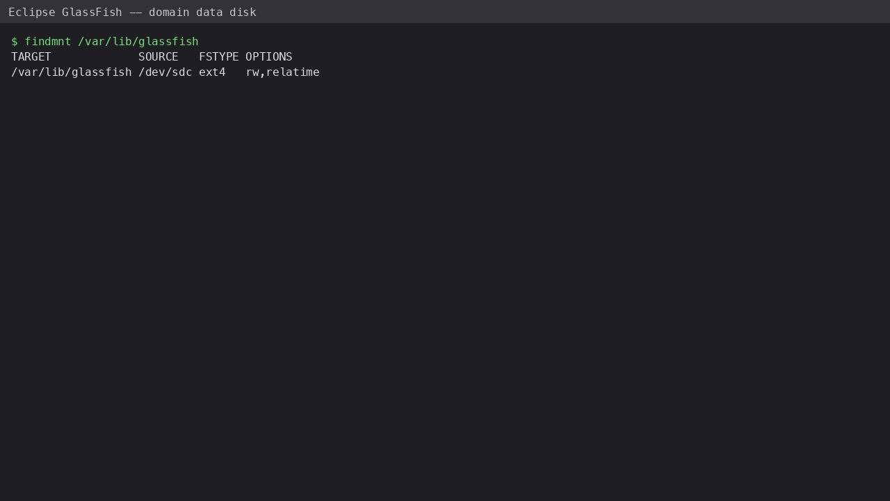 findmnt showing /var/lib/glassfish mounted from a dedicated ext4 data disk