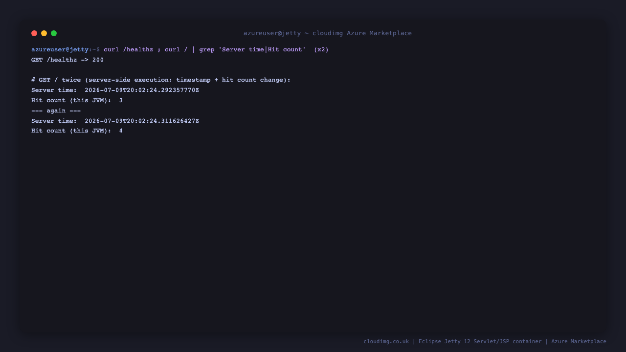 curl http://127.0.0.1/ run twice: the demo JSP landing page's Server time and Hit count both change between requests, proving live per-request execution