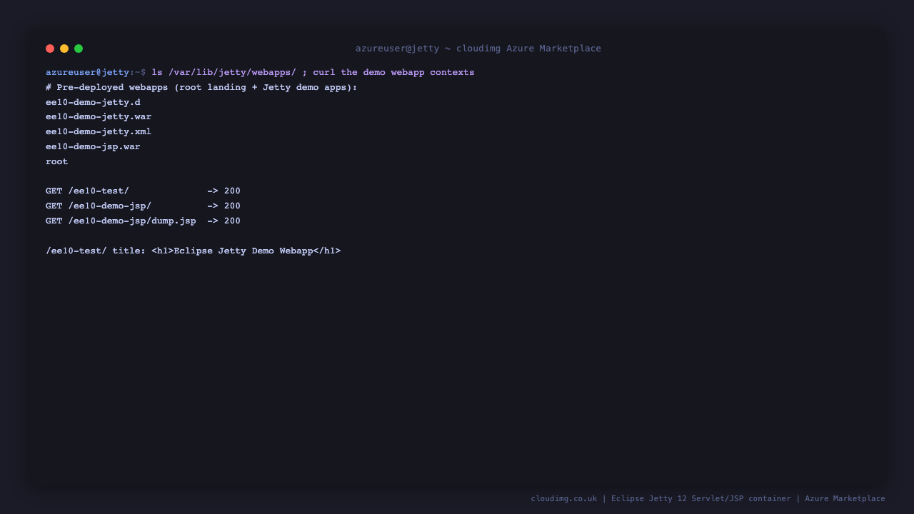 jetty-home VERSION.txt confirms 12.0.37; the pre-deployed webapps under /var/lib/jetty/webapps/ (root landing app plus the ee10-demo-jetty and ee10-demo-jsp demo WARs) each answering HTTP 200