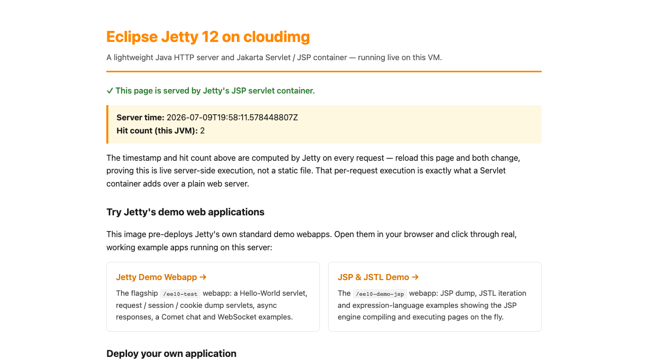 The cloudimg Eclipse Jetty landing page in a browser: a live server timestamp and per-request hit count rendered by the JSP container, with cards linking to the Jetty and JSP demo web applications