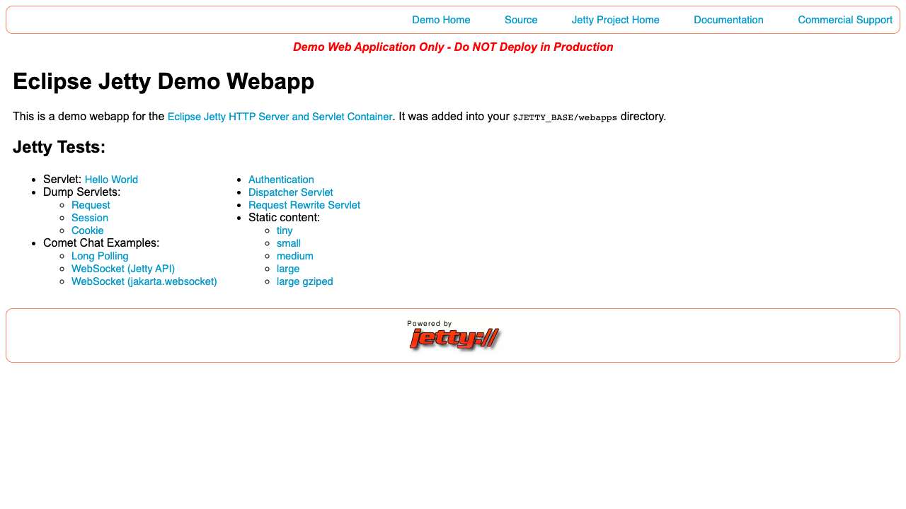 Jetty's flagship demo web application at /ee10-test/ open in a browser: the "Eclipse Jetty Demo Webapp" index listing Hello-World, request/session/cookie dump servlets, Comet chat and WebSocket examples, with the "Powered by Jetty" badge