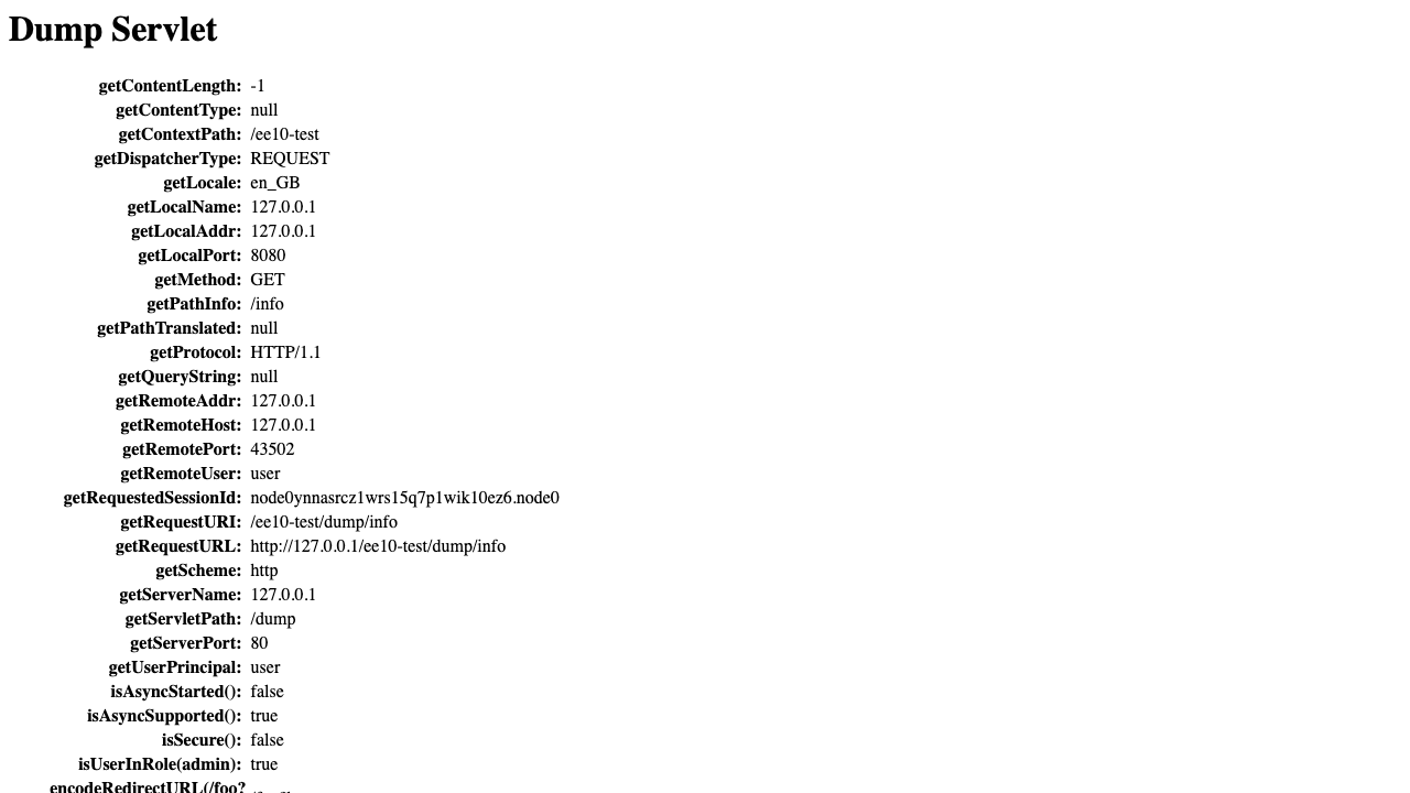 The Jetty Dump Servlet at /ee10-test/dump/info rendered in a browser, listing the live HttpServletRequest properties (method, context path, scheme, server name, session id) computed by the servlet on this request