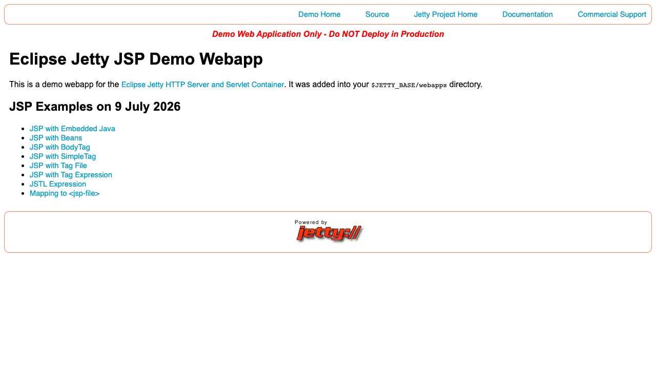 Jetty's JSP & JSTL demo web application at /ee10-demo-jsp/ open in a browser: the "Eclipse Jetty JSP Demo Webapp" index listing JSP-with-Beans, BodyTag, SimpleTag, Tag File and JSTL expression examples, with the date rendered dynamically by the JSP engine