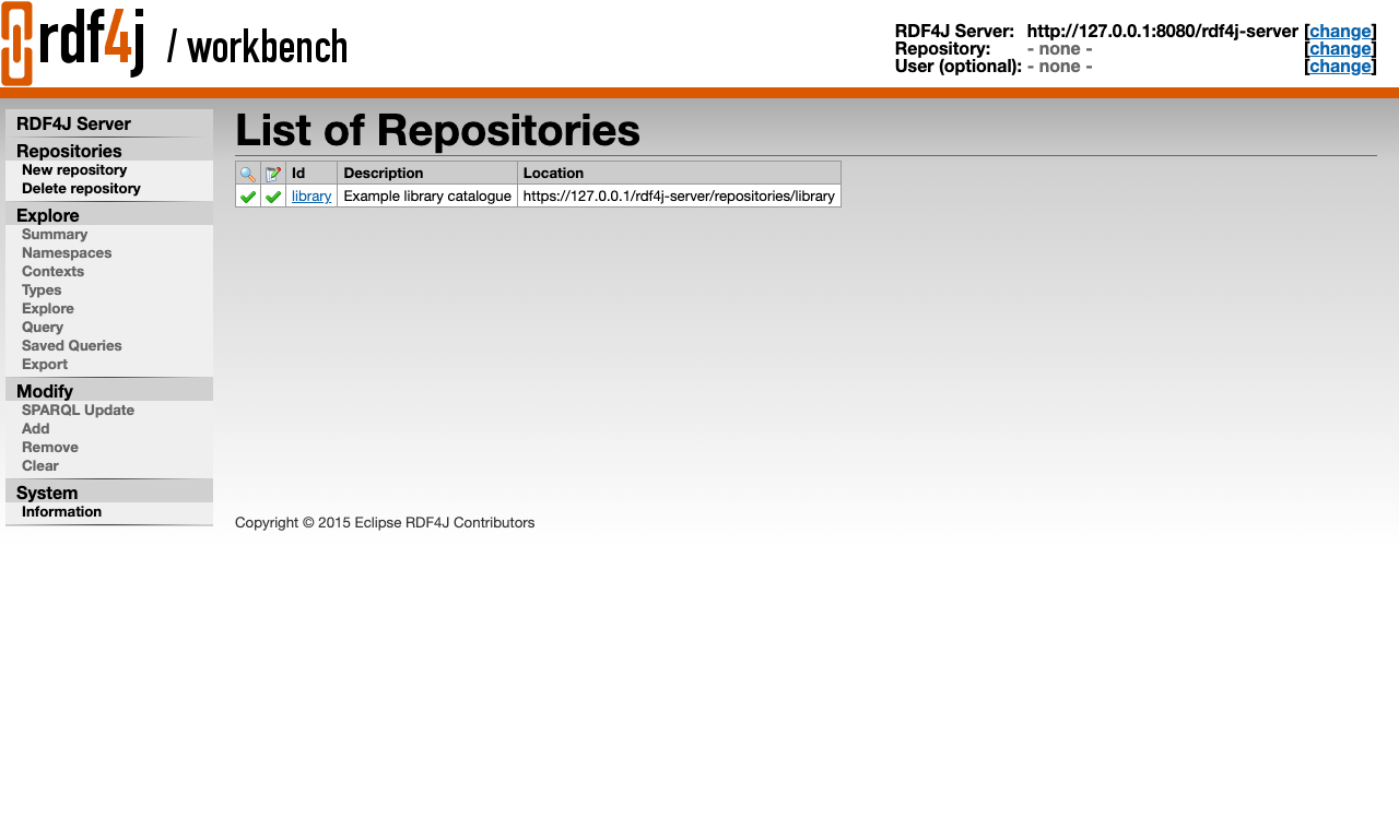 The RDF4J Workbench list of repositories showing a library repository on the loopback RDF4J Server