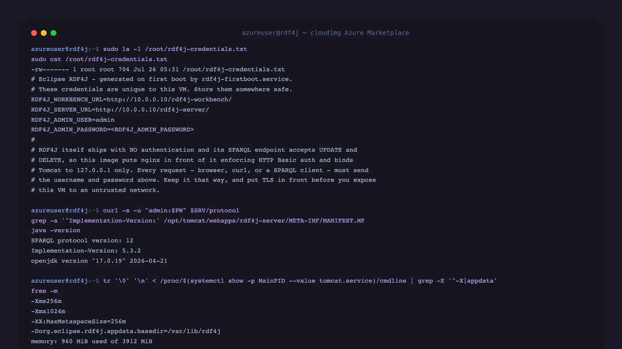 The per-VM RDF4J credentials file, the deployed RDF4J version and the capped JVM heap settings