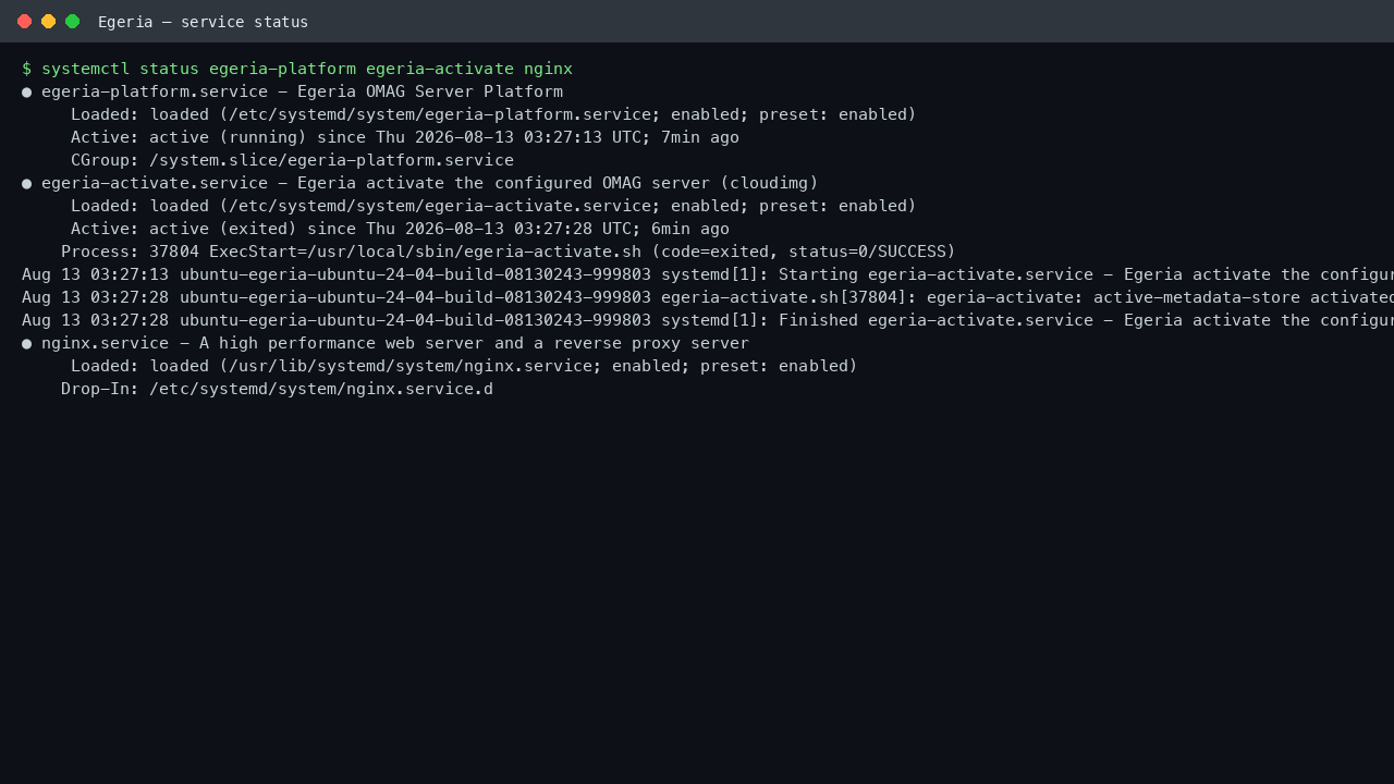 egeria-platform, egeria-activate and nginx services all active and enabled
