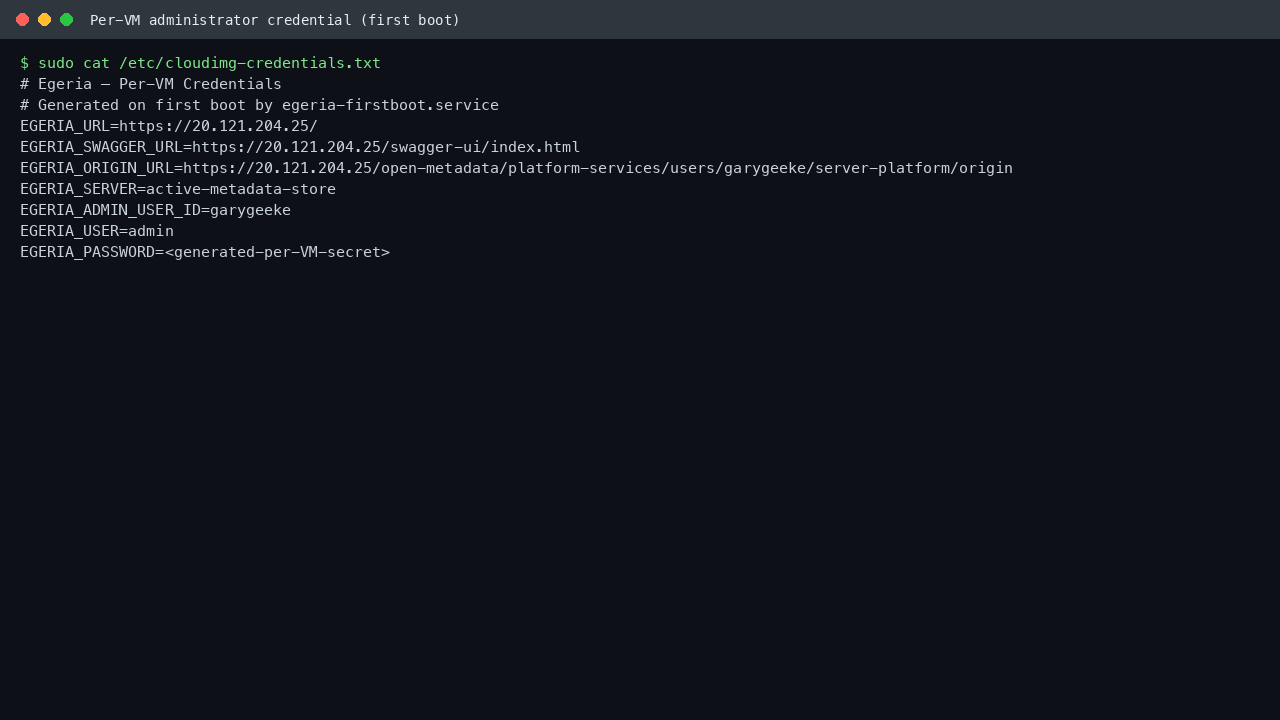 The per-VM credentials file at /etc/cloudimg-credentials.txt with the generated administrator credential