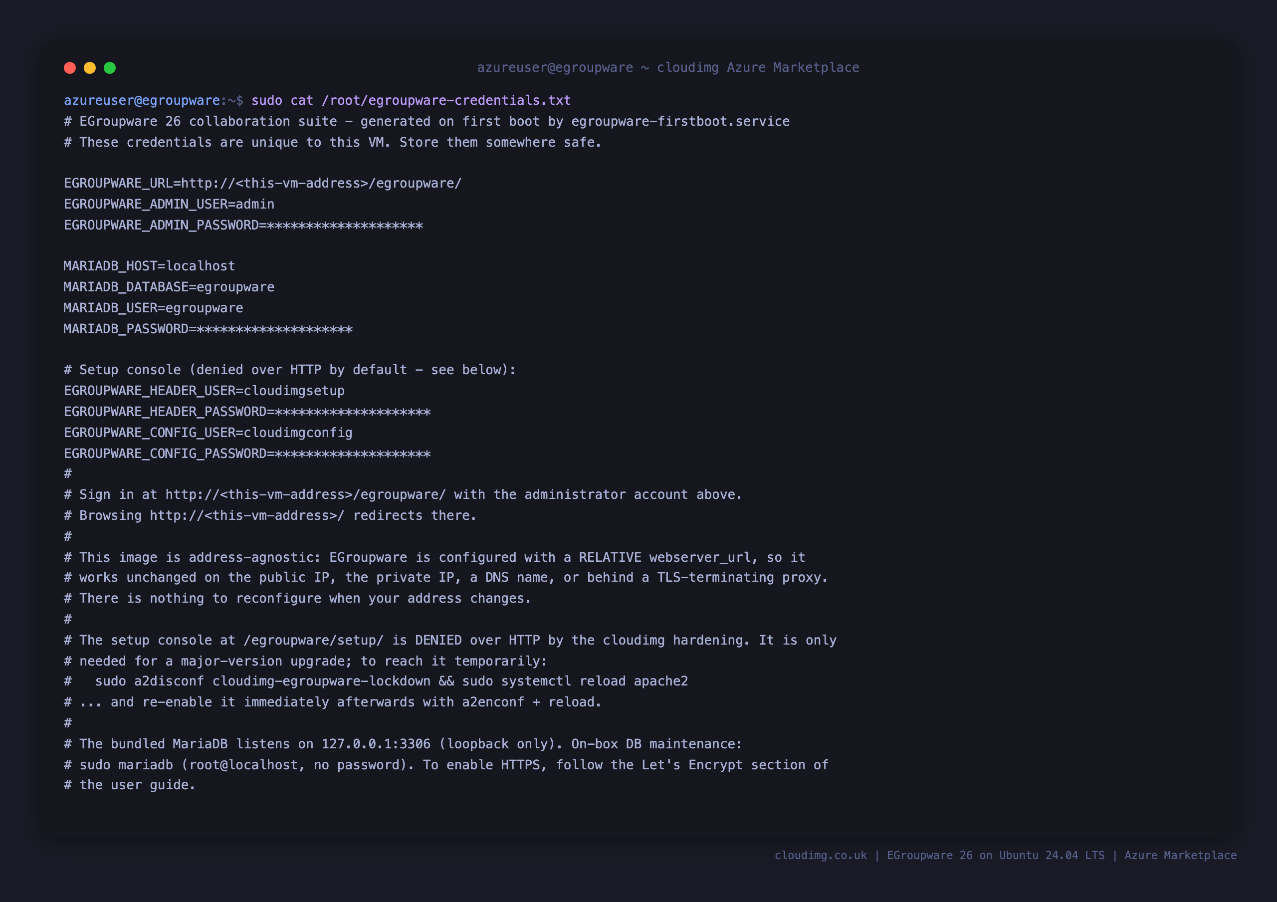 The per VM EGroupware credentials file, showing the admin login user, the generated password masked, the loopback MariaDB details and the setup console credentials