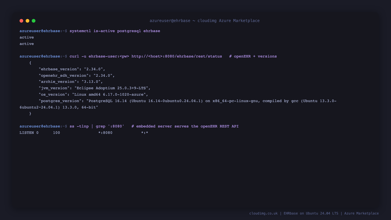EHRbase and PostgreSQL services active, the openEHR REST status endpoint reporting versions, and the embedded server listening on port 8080
