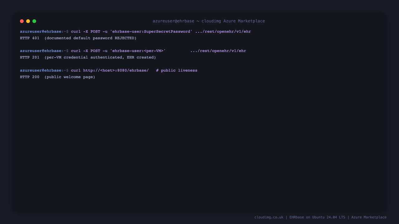 Secure by default — the documented default password is rejected and the per-VM credential authenticates