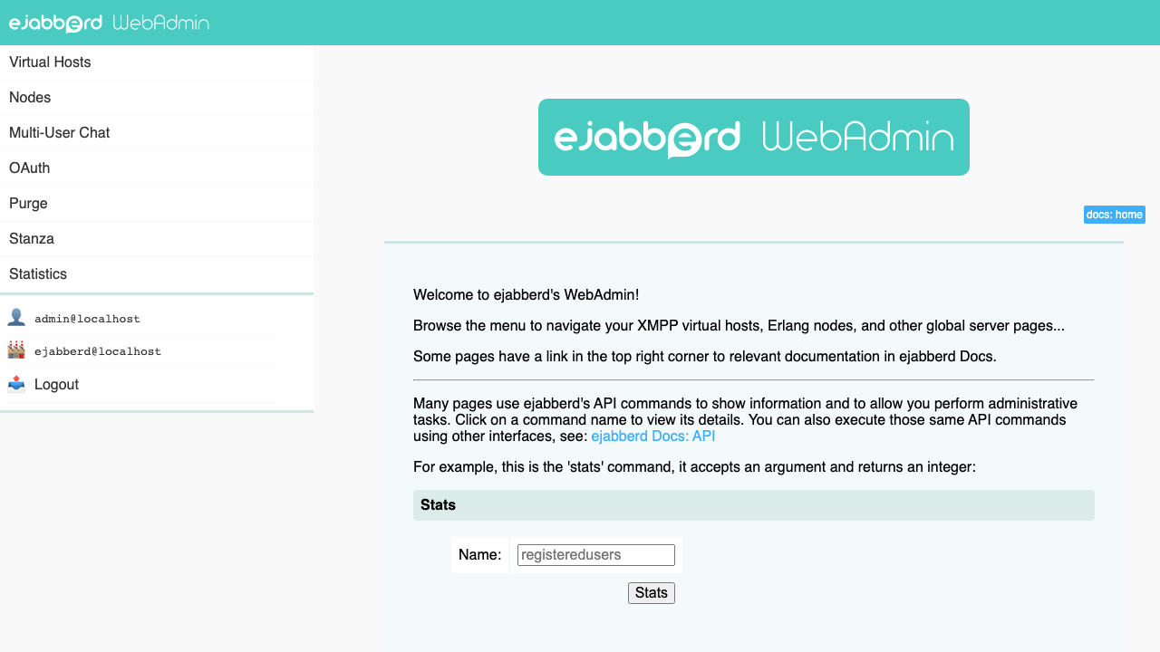 The ejabberd Web Admin main page after signing in, showing the virtual hosts and cluster nodes