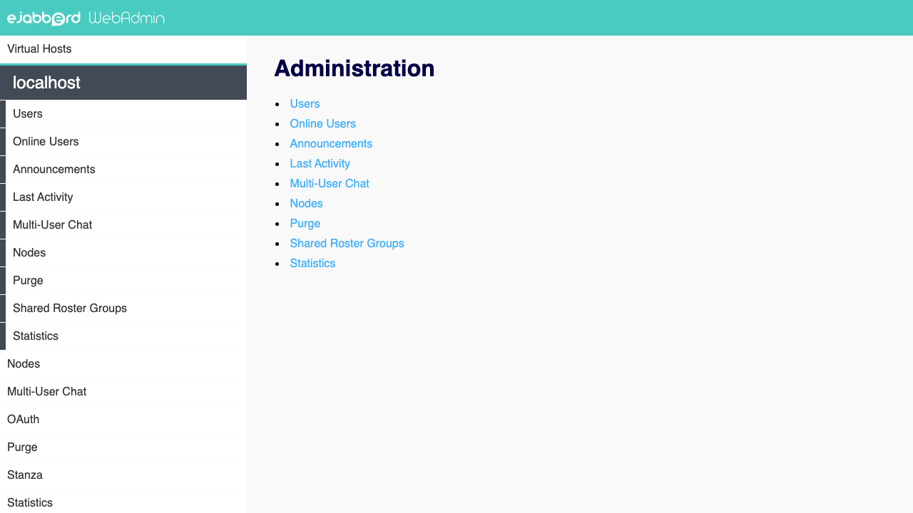 The localhost virtual host overview in the ejabberd Web Admin, showing registered users, online users and the host modules