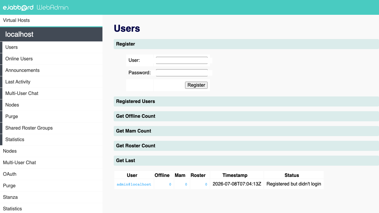 The Users management page in the ejabberd Web Admin, where you list and register accounts for the virtual host