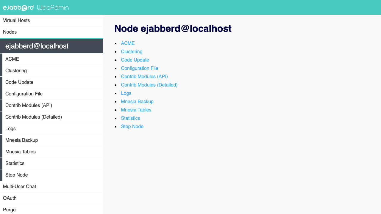 The ejabberd node page in the Web Admin, showing the database tables and backend statistics for ejabberd@localhost