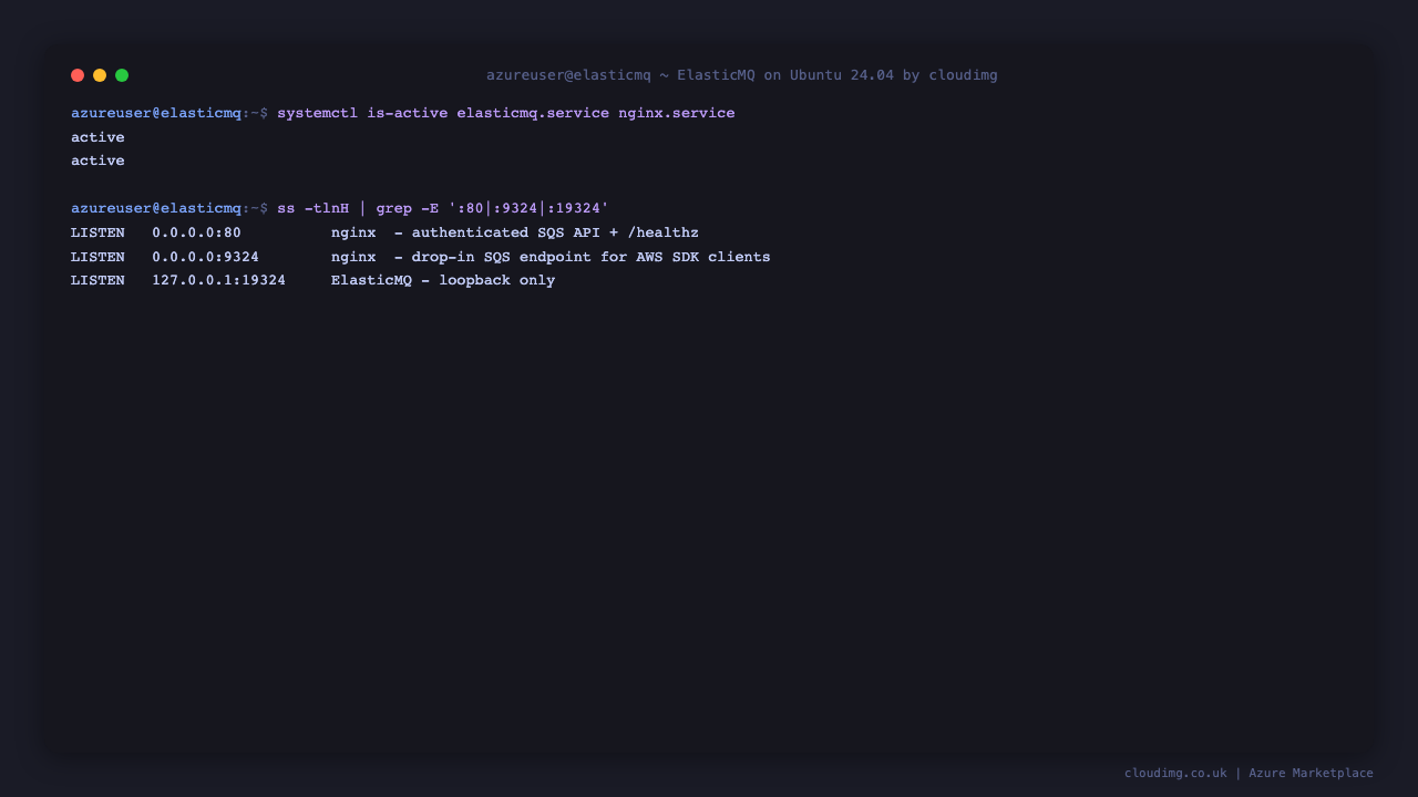 The elasticmq and nginx services active, with nginx listening on 0.0.0.0:80 and 0.0.0.0:9324 and ElasticMQ bound to loopback 127.0.0.1:19324 only