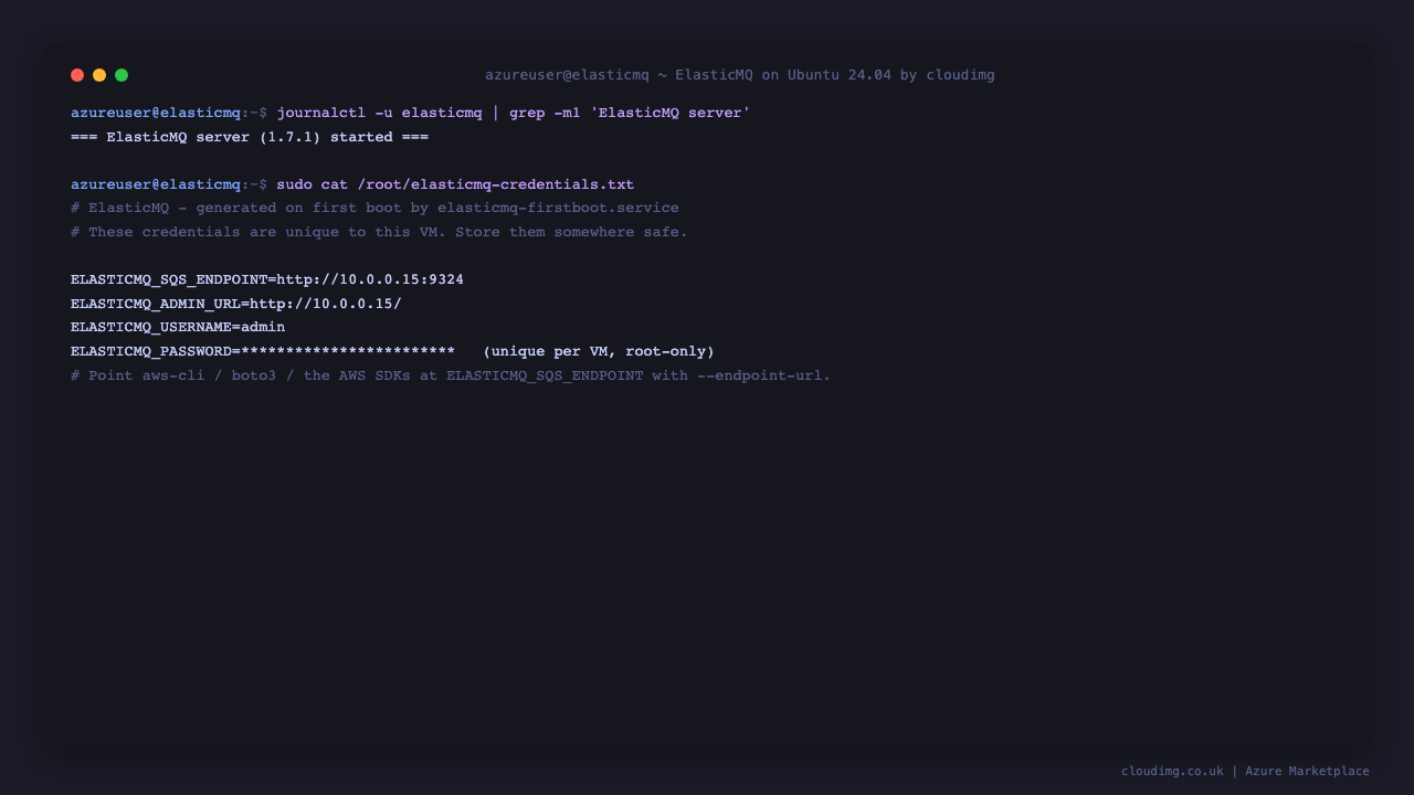 The ElasticMQ 1.7.1 startup line and the per-VM credentials file showing the SQS endpoint, the admin URL, the admin username and the generated per-VM password
