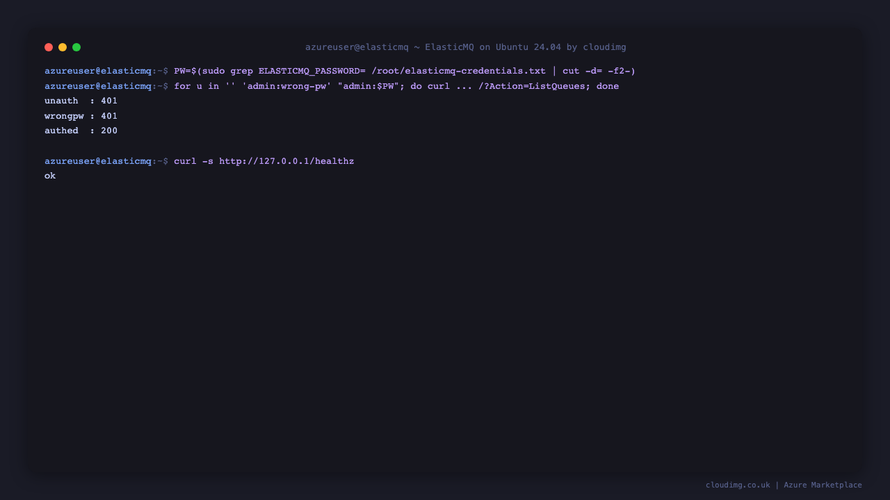 The HTTP Basic Auth round-trip on port 80 returning 401 unauthenticated, 401 for a wrong password, and 200 with the per-VM password, plus the /healthz endpoint returning ok
