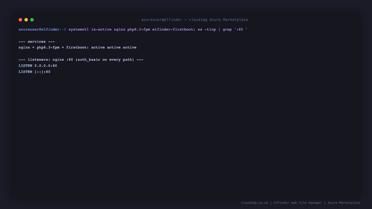 The nginx, php8.3-fpm and elfinder-firstboot services reported active, with nginx listening on port 80