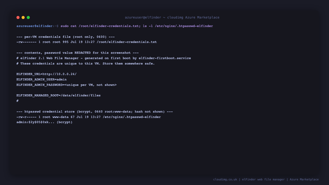 The per VM elFinder credentials file, showing the admin user, the generated password and the managed file root