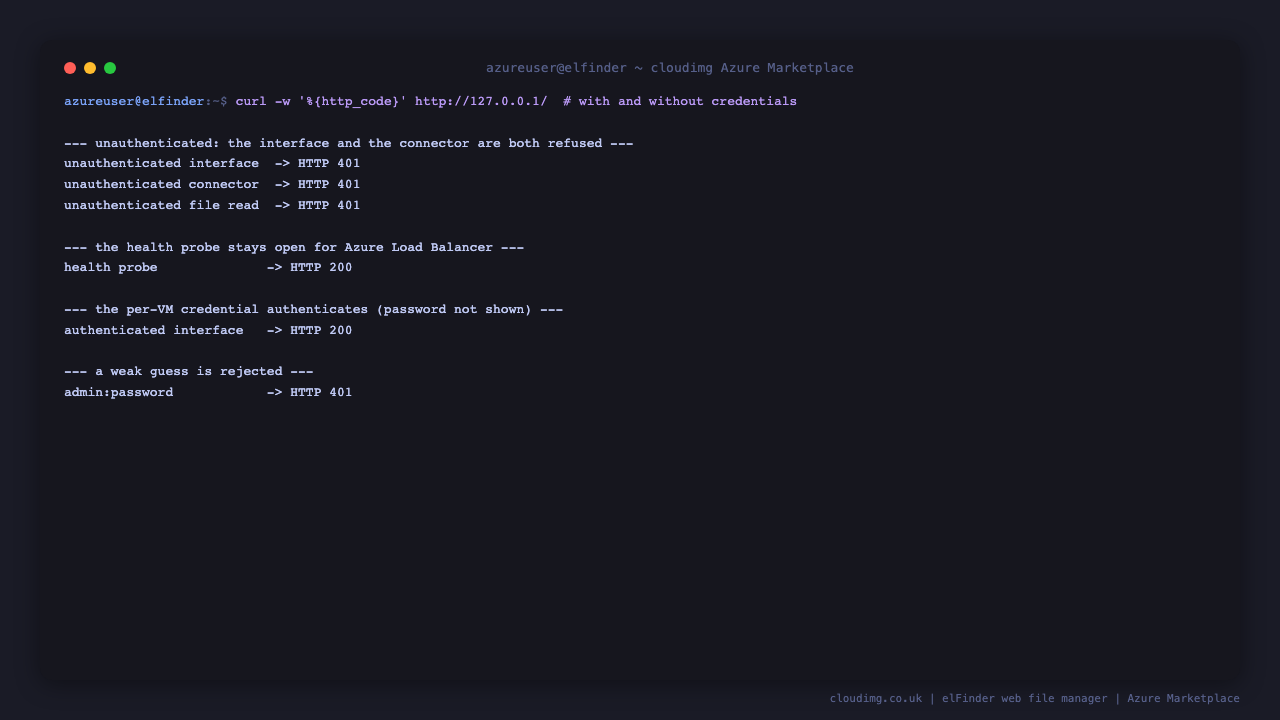 Unauthenticated requests to the interface and the connector refused with 401, the health probe open, and the per VM password authenticating with 200
