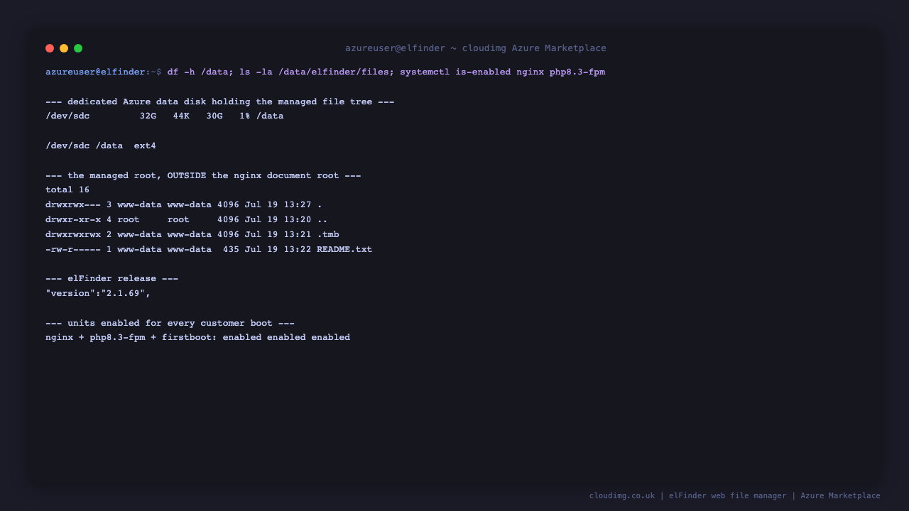 The managed file root on the dedicated data disk, the elFinder 2.1.69 release, and the enabled nginx, php8.3-fpm and elfinder-firstboot units