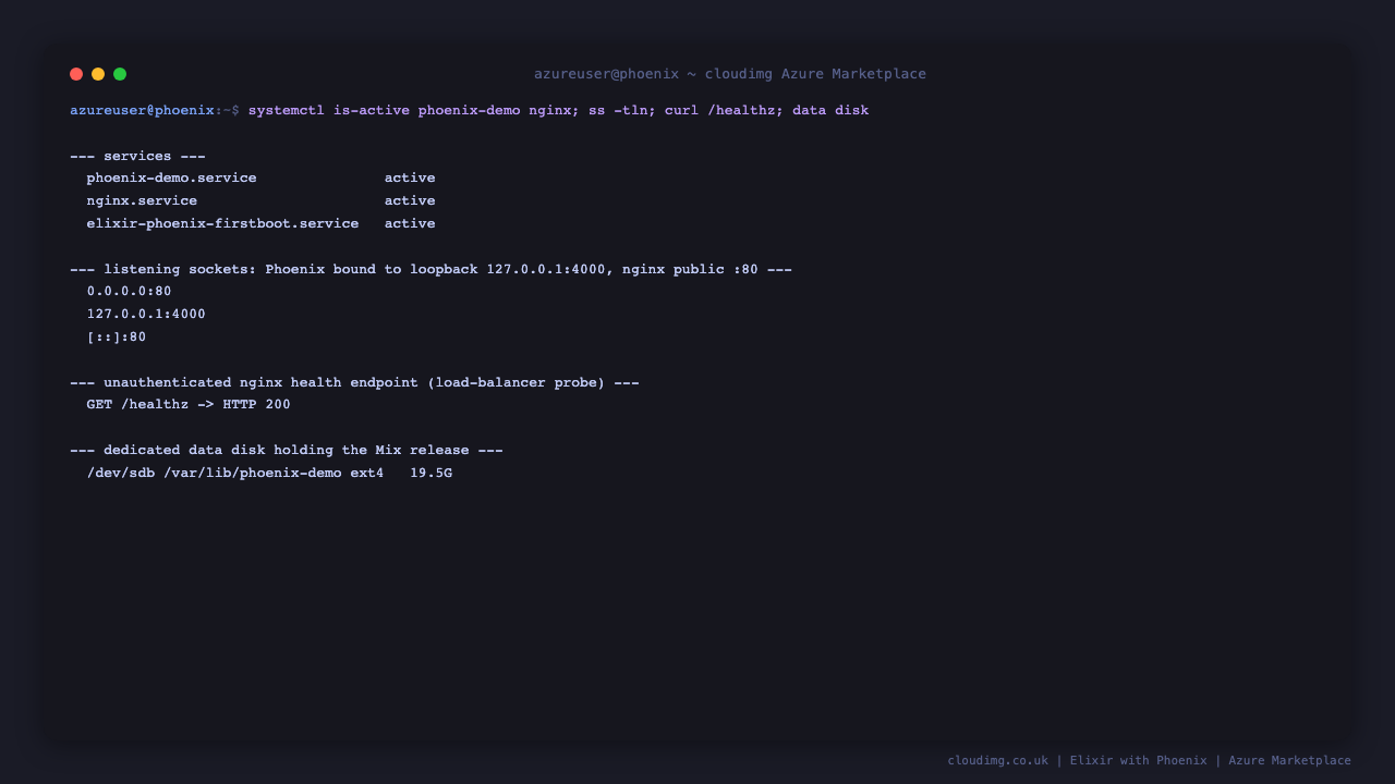 phoenix-demo.service and nginx.service both active (running); the firstboot oneshot completed; ss shows the Phoenix endpoint bound to 127.0.0.1:4000 only with nginx public on :80; the health endpoint returns HTTP 200; and the Mix release lives on the dedicated 20 GiB data disk mounted at /var/lib/phoenix-demo