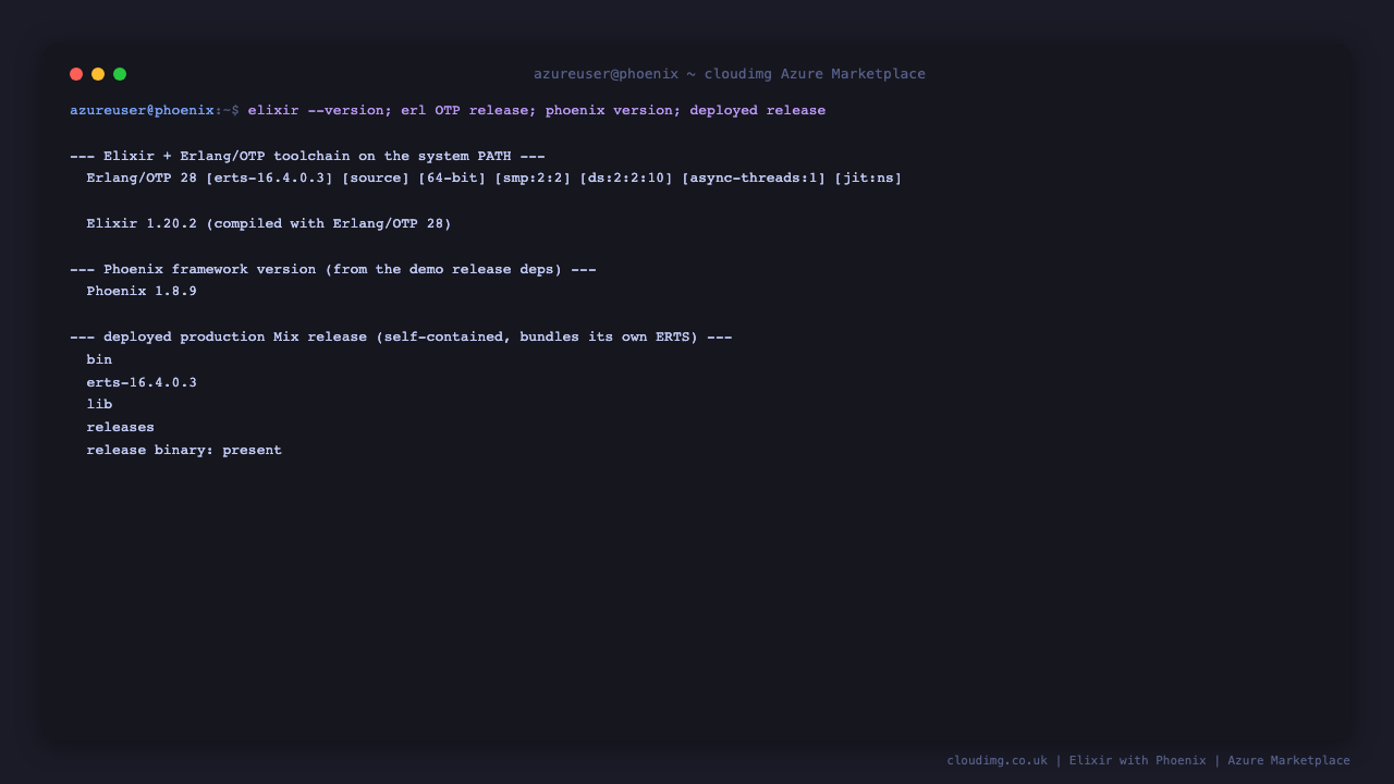 elixir --version reporting Elixir 1.20.2 on Erlang/OTP 28, the Phoenix version from the demo release, and the deployed production Mix release directory under /var/lib/phoenix-demo/rel/demo with its bundled ERTS and bin/demo launcher