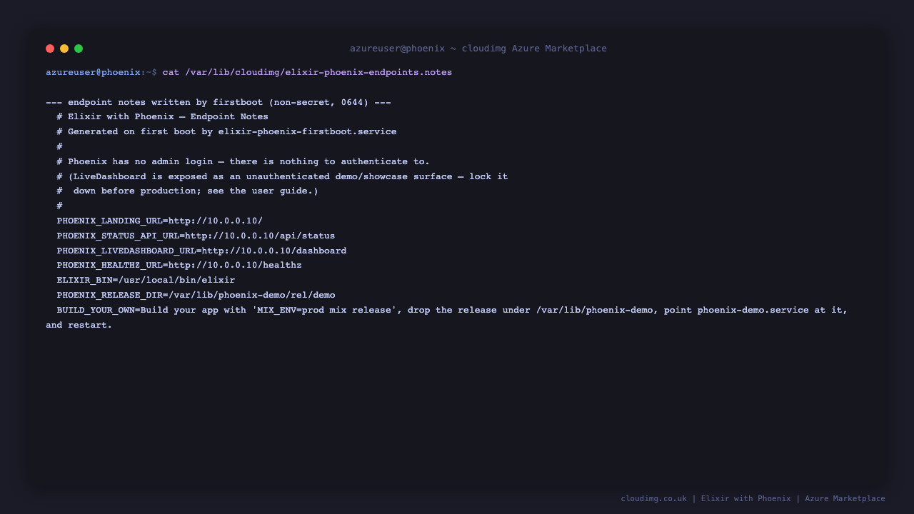 cat /var/lib/cloudimg/elixir-phoenix-endpoints.notes showing the Phoenix landing, status API, LiveDashboard and healthz URLs, the Elixir binary and release directory paths, and the one-line instruction for building and deploying your own release
