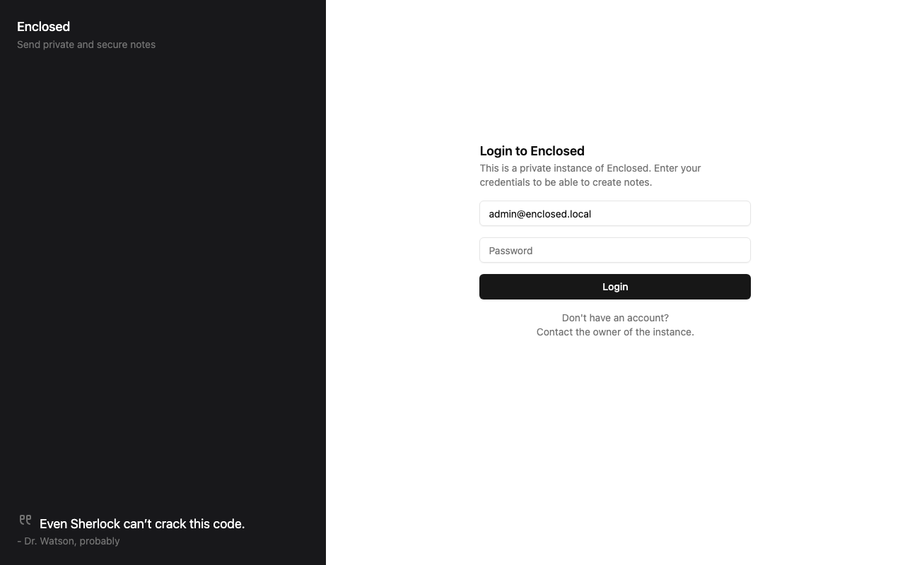 The Enclosed login page with the admin e-mail address entered