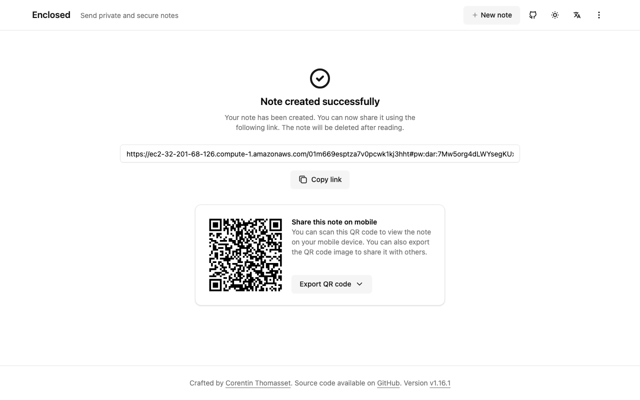 Note created successfully: the share link with the key after the #, the copy button and the QR code