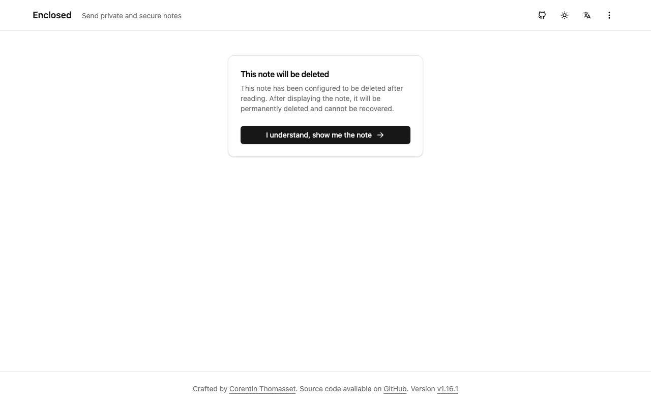 The warning that the note will be deleted after reading, with the I understand, show me the note button