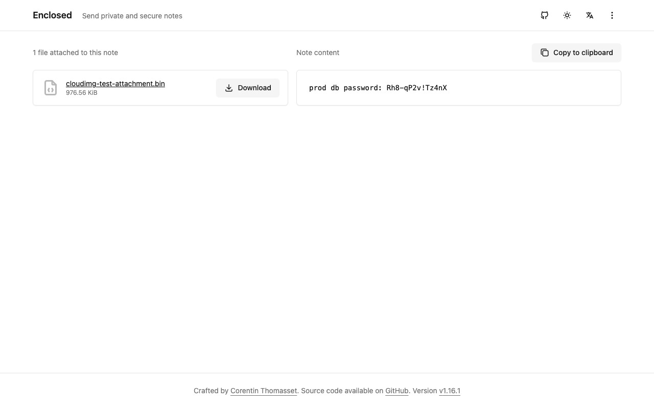 The decrypted note: the note text with a copy button and the attached file with a download button