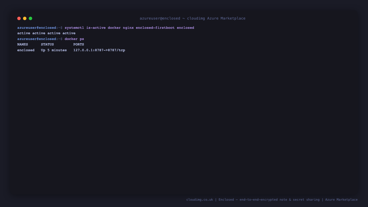 The docker, nginx, enclosed-firstboot and enclosed services all active, and the single Enclosed container running with its port published to loopback only on 127.0.0.1:8787, fronted by nginx on port 80