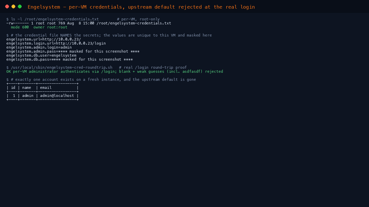 Engelsystem per-VM credentials, upstream default rejected
