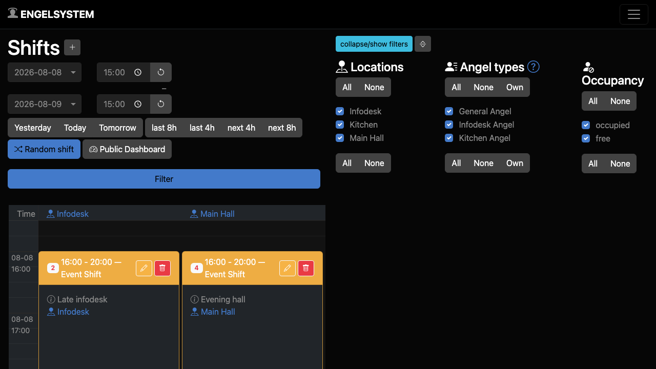 Engelsystem shift plan with the demo event schedule