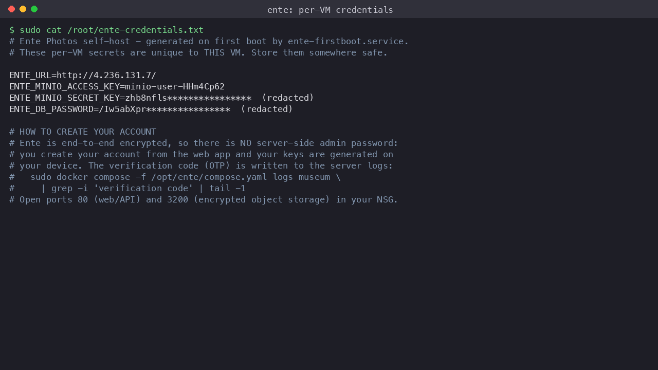 Per-VM Ente credentials file