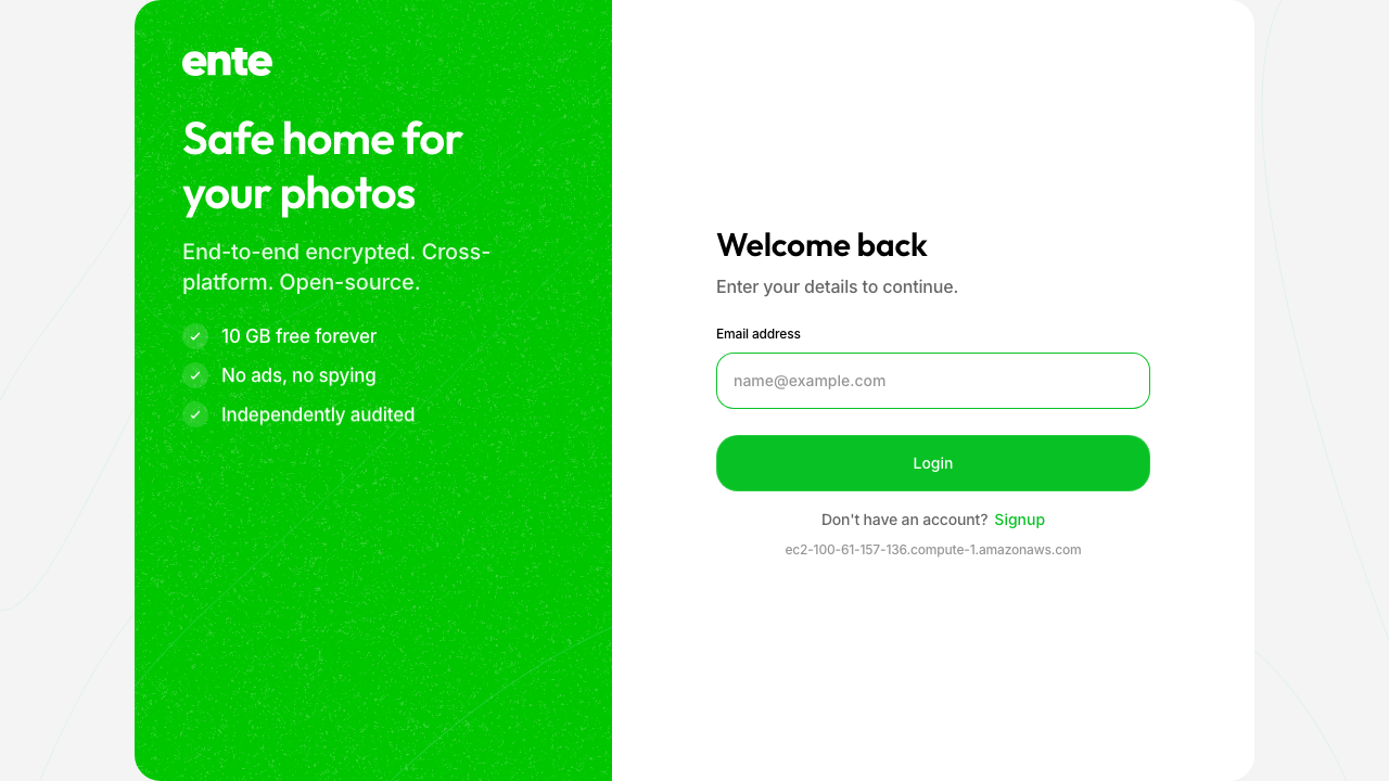 The Ente Photos sign-in page served by the cloudimg instance