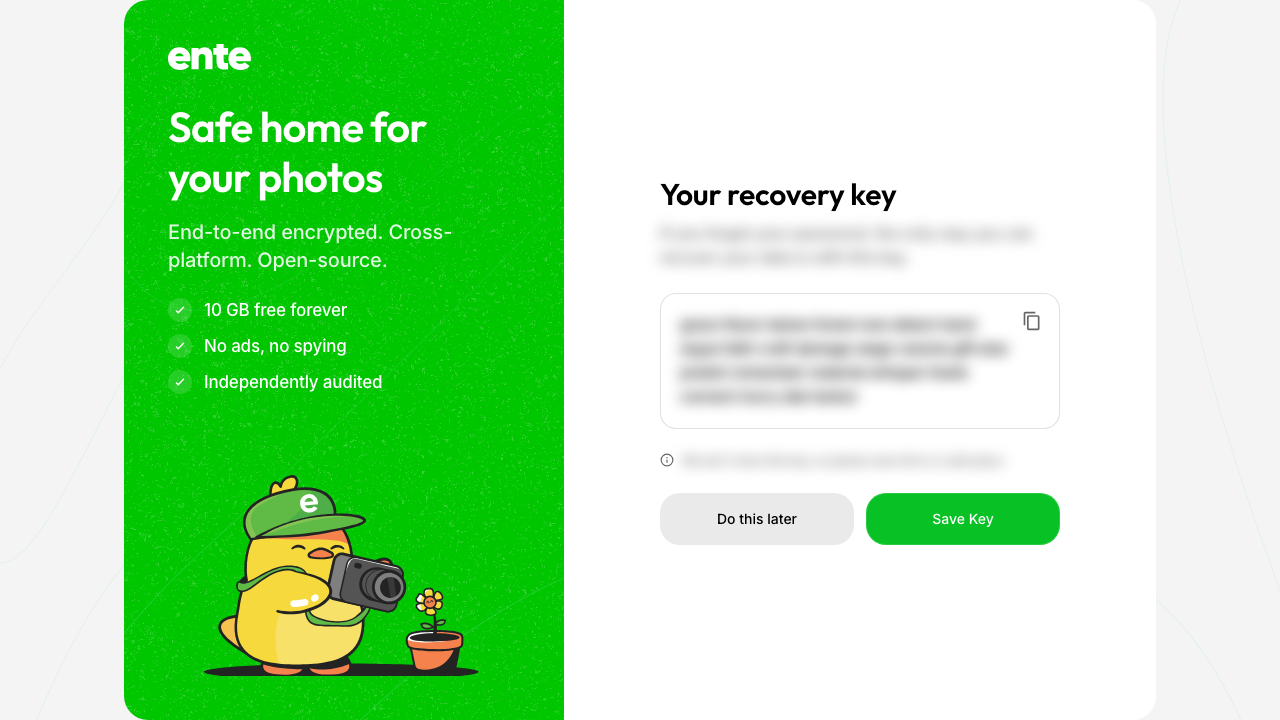 The recovery key page (the key is blurred here)