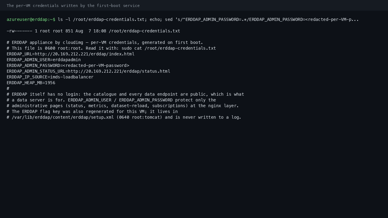 The per VM credentials file listing the ERDDAP URL, the administrative user name, the resolved public IP source and the JVM heap chosen for this VM size