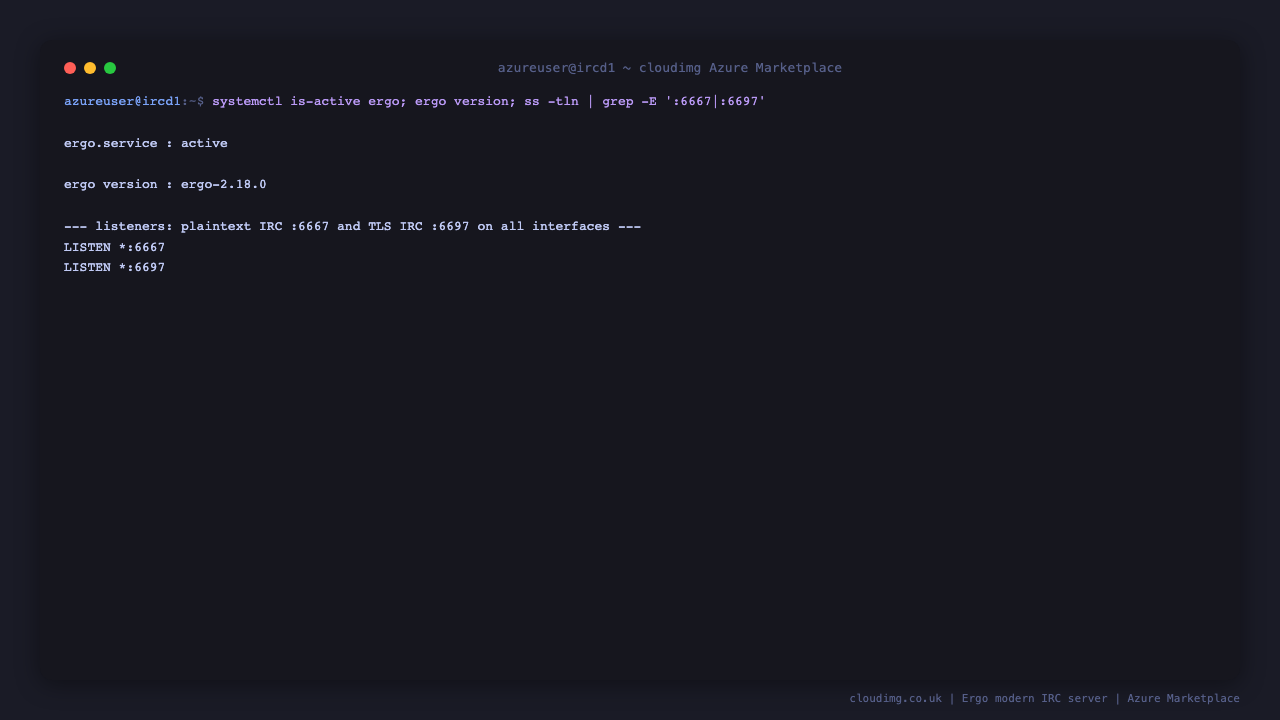 ergo.service reports active and ss shows the server listening on port 6667 plaintext and port 6697 TLS on all interfaces, confirming the modern IRC daemon is up and serving on the standard IRC ports