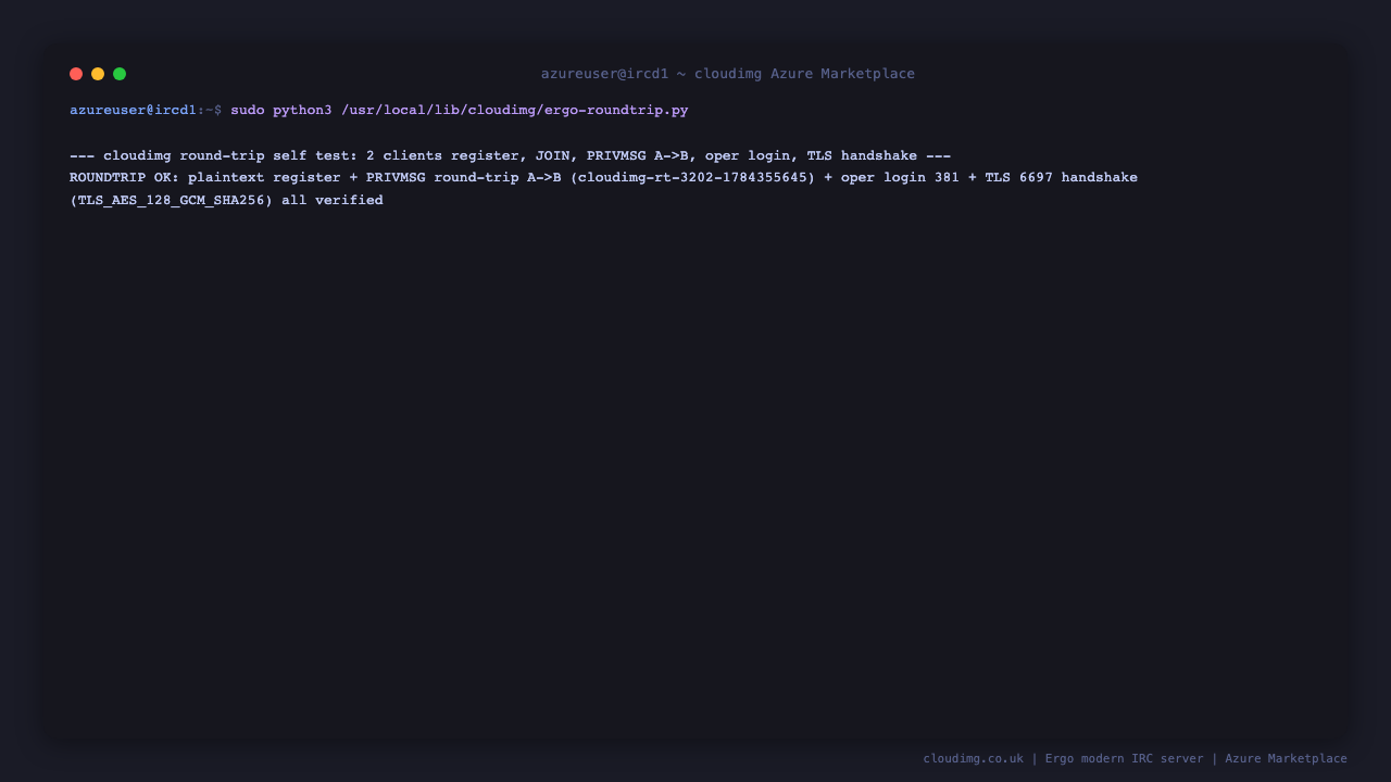 the cloudimg round trip self test prints ROUNDTRIP OK confirming two clients registered, a private message was delivered from one client to the other in a channel, the operator login returned RPL YOUREOPER 381, and the TLS listener on 6697 completed a handshake