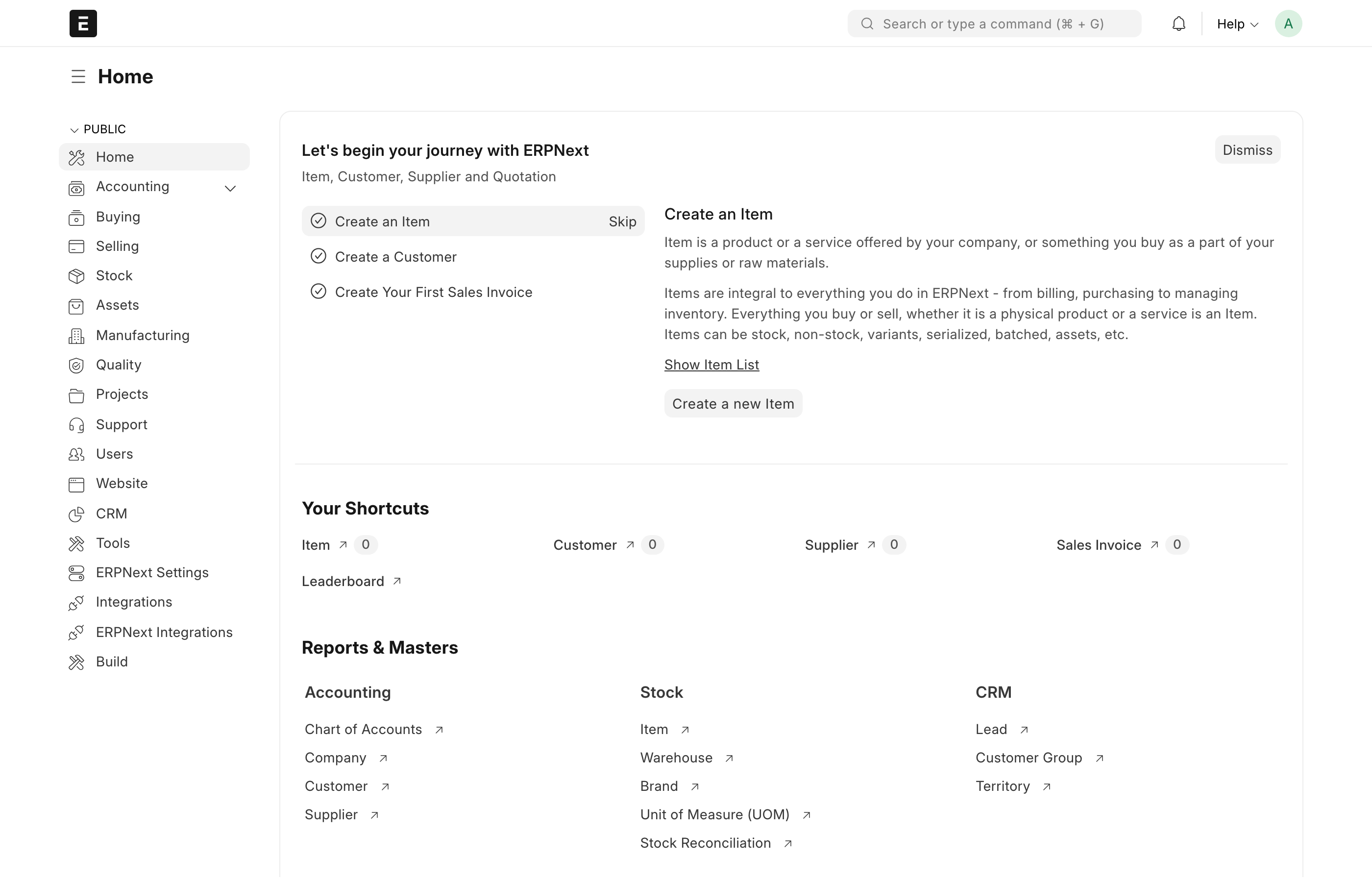 The ERPNext desk home workspace with module shortcuts and dashboard cards after signing in as Administrator