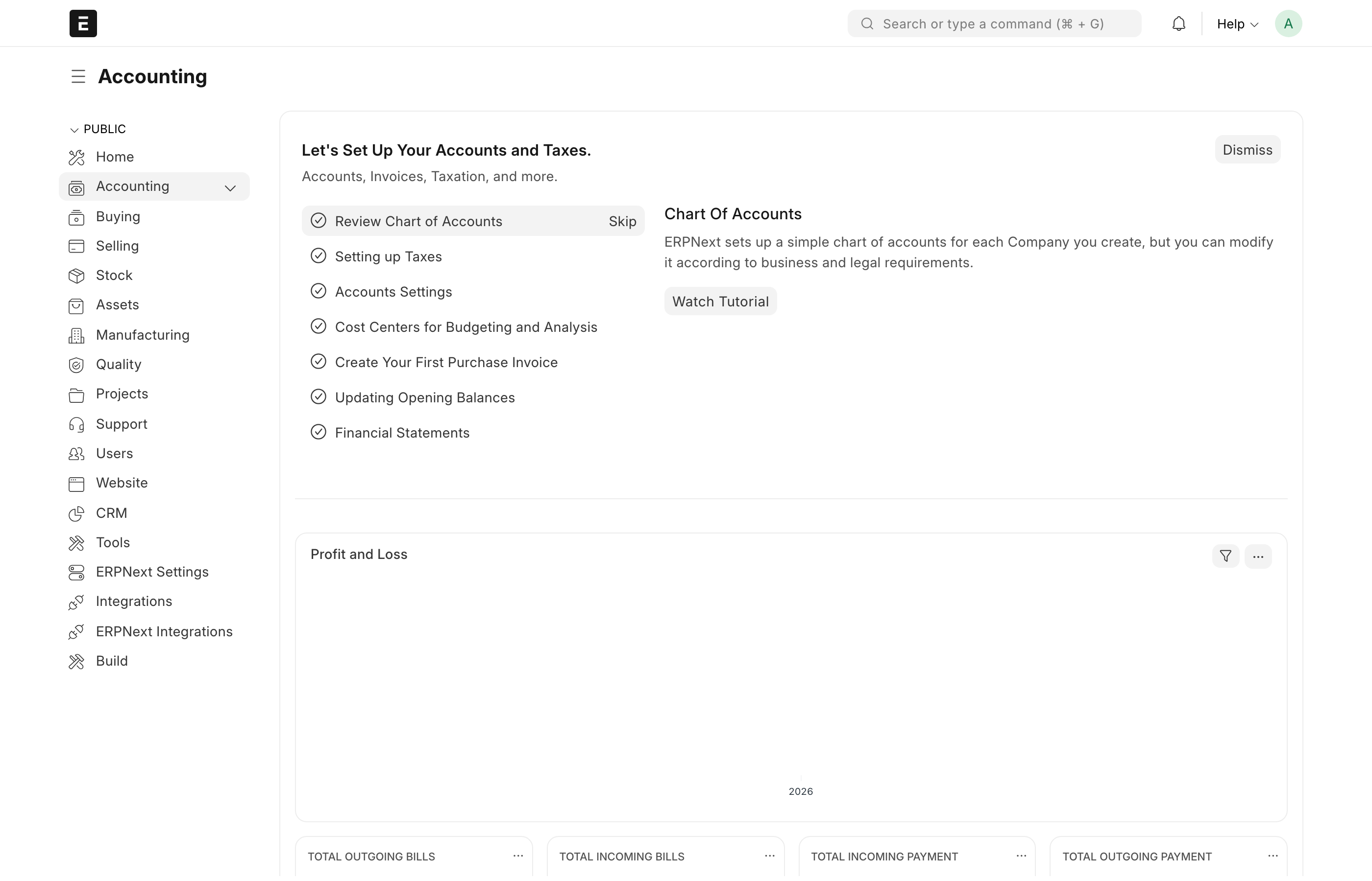 An ERPNext module workspace listing the accounting masters, transactions and reports in the integrated ERP suite
