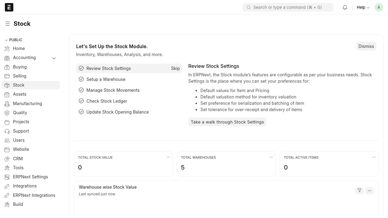 ERPNext module workspace