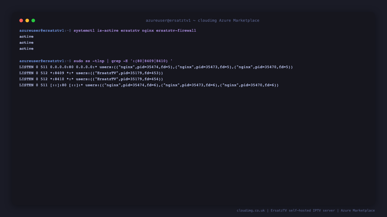 ErsatzTV and nginx reporting active, with ErsatzTV listening on ports 8409 and 8410 and nginx on port 80