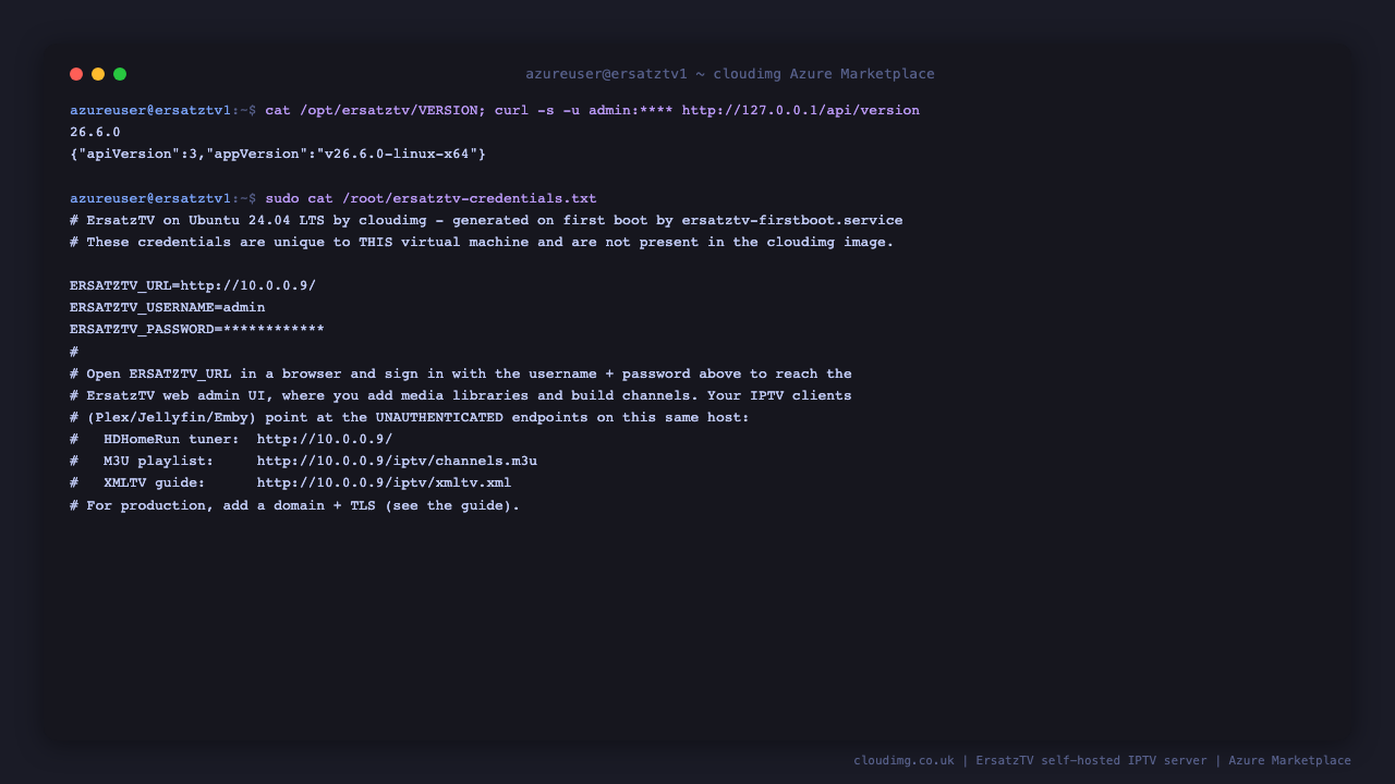 The ErsatzTV version and the per VM credentials file, with the generated administrator password masked