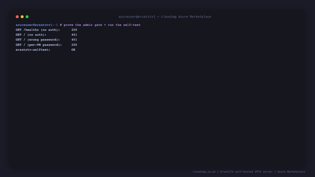 An unauthenticated request to the admin UI returning HTTP 401, a wrong password returning 401, and the per VM password returning 200